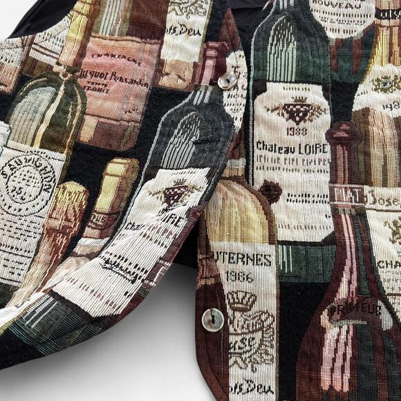 Vintage Wine Bottle Print Vest | USA-Made | Textured Fabric Quirky Button-Up LG - Picture 3 of 6